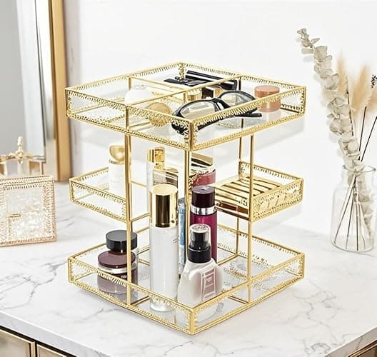 4-Tier Golden 360 Degree Rotation Cosmetic Organizer -Premium Spinning Perfume Tray,Large Capacity Beauty Display for Countertop,Vanity or Bathroom Dorm Room-Tempered Glass&Sturdy Metal thumbnail 8
