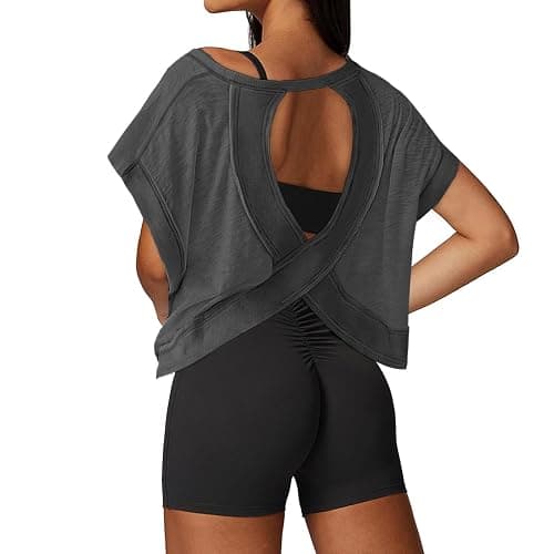 UNIANKIYA Open Back Workout Tops for Women Loose Fit Athletic Crop Tee Short Sleeve Gym Running Yoga Shirt - Image 1