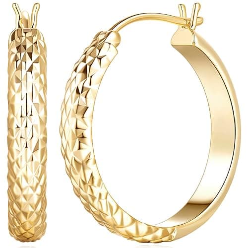 JADE KOS Gold Hoop Earrings 14K Gold Hoop Earrings for Women Wrinkle Texture 14K Gold Earring for Women Hypoallergenic Womens Hoops Earring 25mm - Image 1