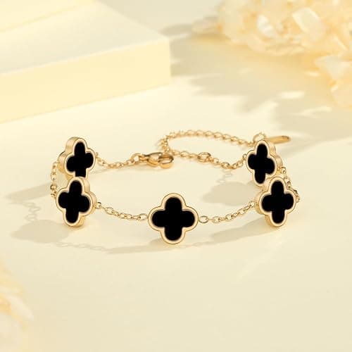 HAITTY 18K Gold Plated Clover Bracelet Set for Women White/Black/Gold/Silver/Green/Pink Adjustable Link Double-Sided Lucky Bracelets Trendy Bracelets Set Jewelry Gifts for Women Men thumbnail 5