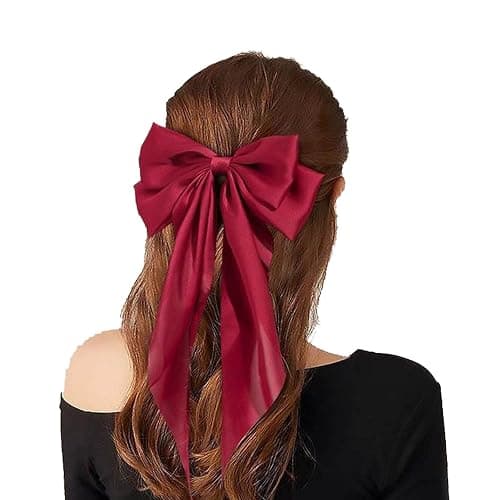 Yuyeran 2Pcs Super Big Bow Hair Clips French Style Soild Color Knotted Bowknot Spring Snap Barrettes Hair Clips with Long Ribbon for Women Girls (WineRed+Black) thumbnail 2