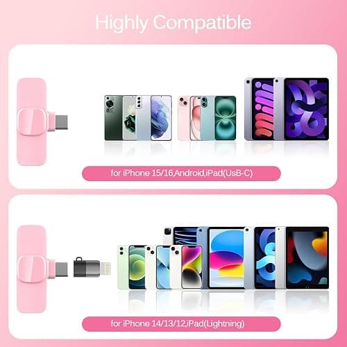 HONGJIEYUAN Pink Wireless Lavalier Microphone for iPhone & Android - Mini Clip-On Mic with Noise Cancellation, 65ft Range, 8H Battery, USB-C/Lightning - for TikTok, YouTube, Podcast, Live Streaming thumbnail 2