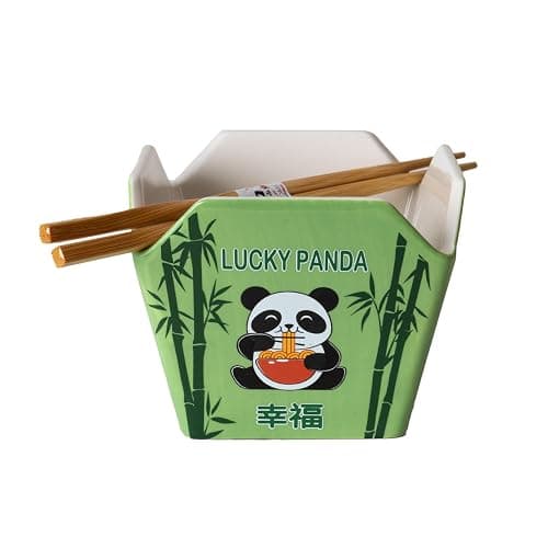 Urban Tokyo Chinese Takeout Box Style Porcelain Bowl With Chopsticks 18 fl oz Square Box Shape Rice Noodles Pasta To Go Box Shaped Bowl Microwave Dishwasher Safe (Hungry Panda) - Image 1