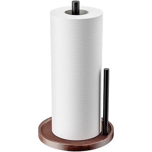 Chinpakden Countertop Paper Towel Holder Wooden - Kitchen Paper Towel Holder Stainless Steel with Real Wood Base, Farmhouse Paper Towel Roll Dispenser Fits Standard and Jumbo Size Paper Towels. - Image 1