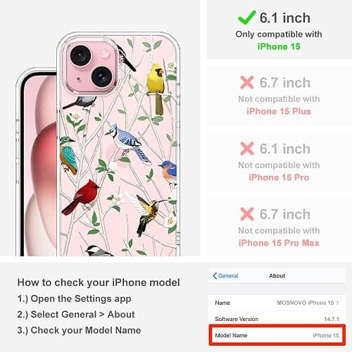 MOSNOVO Case for iPhone 15, [Buffertech 6.6ft Military-Grade Drop Protection] [Anti Peel Off Tech] Clear TPU Bumper Phone Case Cover Design - Wild Bird thumbnail 2