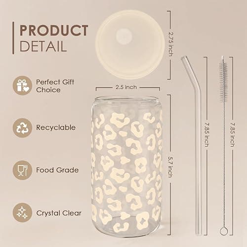 SANDJEST Leopard Glass Can, Beige Leopard Print Cup with Lid & Straw, Iced Coffee Aesthetic Cups, Gift for Christmas Birthday Mother Day, Gifts for Women, 16oz thumbnail 3