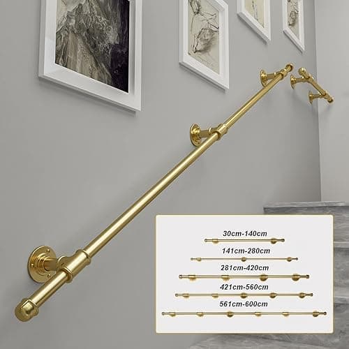 Main courante dorée pour escalier,1,5 m 2 m 2,5 m 3 m Kit complet de garde-corps d'escalier | Main courante d'escalier fixée au mur de barre de support, conception de conduite d'eau de fer en métal thumbnail 2