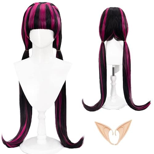 ZNTU Black Mixed Pink Cosplay Wig with Bangs, Elf Ears and Free Wig Cap - 80cm Heat Resistant Synthetic Fiber Wig for Halloween, Theme Parties and Anime Fans - Image 1