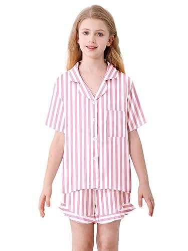 Umeyda Girls & Women Satin Pajamas Set Button Down 2 Piece Silk Pjs Shorts Set Ruffle Sleepwear, 5 Years-Women L thumbnail 2