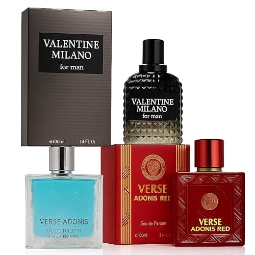 Men’s Cologne Gift Set 3 Pack – Verse Pour Homme, Adonis Red & Valentine Milano – Long-Lasting Citrus, Warm Floral & Amber Wood Scents (100ml Eau de Parfum) - Image 1
