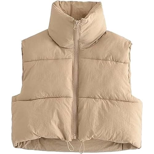 Shiyifa Women's Fashion High Neck Zipper Cropped Puffer Vest Jacket Coat - Image 1