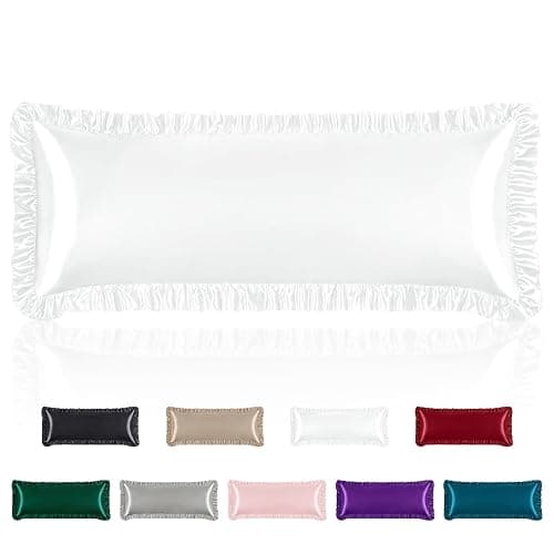 Homiest Ruffle Satin Body Pillow Cover, Silky Satin Body Pillowcase with Envelope Closure, Luxury & Ultra Soft Long Pillow Cases for Hair and Skin, Ruffled Long Pillow Shams (White) - Image 1