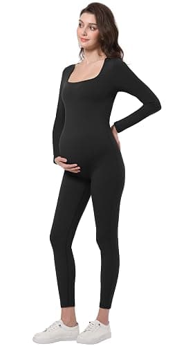 V VOCNI Maternity Jumpsuit Women's Square Neck Long Sleeve Bodycon T Shirts Yoga Leggings Romper Pregnancy Bodysuit - Image 1