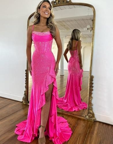 Wchecalino Sparkly Beaded Satin Mermaid Prom Dresses Long 2026 Spaghetti Straps Corset Ruffles Evening Gown with Slit thumbnail 3