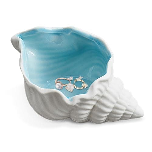 heqxwl Ceramic Jewelry Tray,Conch/Starfish/Shell Trinket Dish, Aqua Shell Trinket Dish Ceramic Ring Earring Holder Ocean-themed Decorative Trinket Plate for Rings Necklaces Bracelet Watch Keys (A) - Image 1