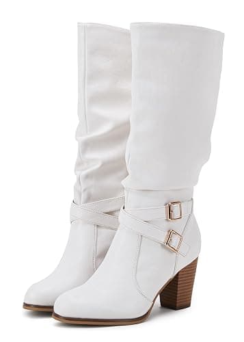 Ermonn Womens Mid Knee High Boots Chunky Heel Slouchy Metal Buckle Side Zipper Fashion Winter Shoes - Image 1