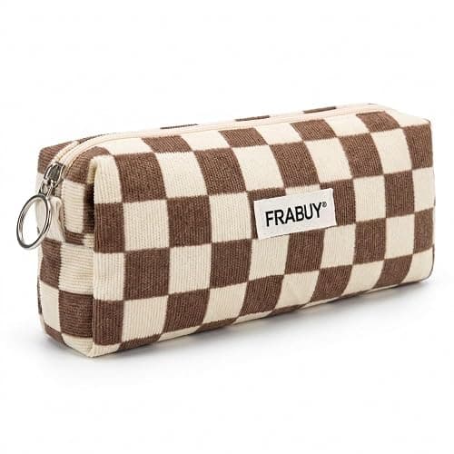 FRABUY Soft Corduroy Pencil Case Pen Pouch Organizer, Small Stationery Bag | Cute Crown Checkerboard Pouch, Smooth Zipper, Daily Cosmetics Holder, Compact Organizer for School Teen Girls, Women - Image 1
