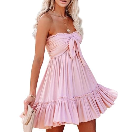 R.Vivimos Women's Summer Cotton Boho Beach Sleeveless Tie Front Mini Dress Tube Top Dress - Image 1