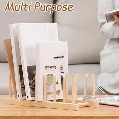 YUNYU Wooden Plate Rack Organiser - 6 Slot Dish Drainer & Storage Holder for Kitchen/Bedroom/Study | Fits Chopping Boards/Cups/Books/Pot Lids/Baking Trays (Natural Wood) thumbnail 2