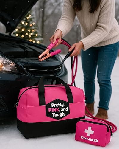 Pretty Pink Roadside Emergency Kit for Women & Teen Girls - Heavy-Duty Jumper Cables, First Aid Kit, Safety Tools, Flashlight, Ice Scraper - Complete Car Safety Bag with 5-Year Warranty thumbnail 6