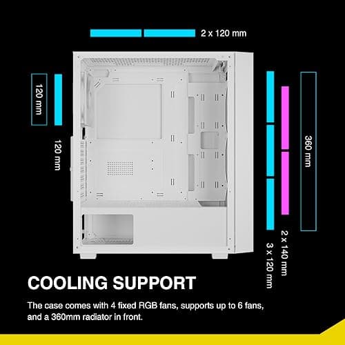 GAMDIAS White ATX Mid Tower Gaming Computer PC Case with Side Tempered Glass, Preinstalled 4X 120mm ARGB Fans, Support Up to 6X 120mm Fans, 360mm AIO/Radiator, 340mm GPU/VGA, 160mm CPU Air Cooler thumbnail 2