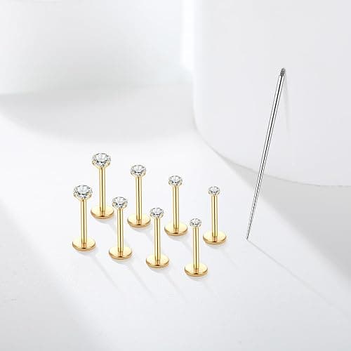 Xpircn 14K Gold Plated Flat Back Stud Earrings 316L Surgical Steel Internally Threaded CZ Stud Piercing Jewelry for Tragus Helix Cartilage Conch Nose Hypoallergenic Lip Labret Medusa Piercing 16G 18G thumbnail 7
