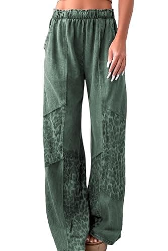 SELINK Women Casual Mineral Wash Leopard Pants Fashion Patchwork Elastic Waist Straight Wide Leg Loose Daily Trousers - Image 1