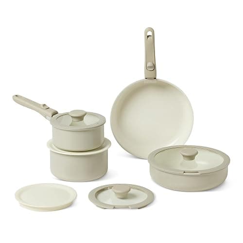 Amazon Basics Ceramic Nonstick Cookware Set with Detachable Handles, 11-Piece Stackable, All Cooktop Friendly, Dishwasher-Safe, Includes Saucepan, Frying Pan, Glass and Plastic Lids, Linen Gray - Image 1