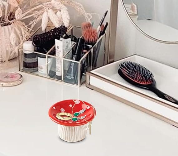 dgudgu Mushroom Ring Holder Jewelry Tray Red Dish Ceramic Trinket Storage Jar Mini Engagement Ring Holder thumbnail 6