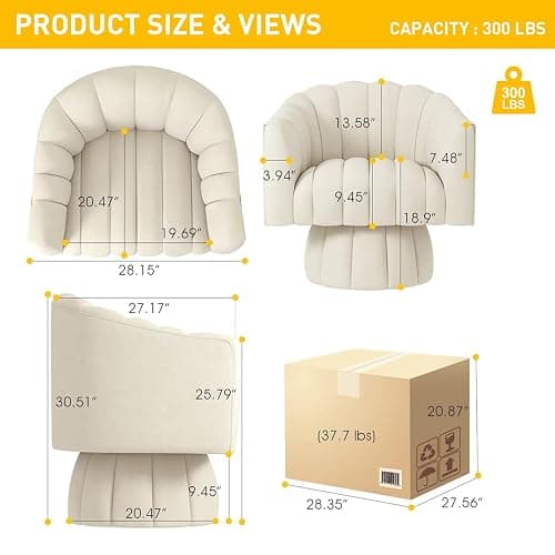 Dewhut Accent Chair Mid Century 360 Degree Swivel Chair,Modern Lounge Sofa Round Barrel Chair with Wide Upholstered,Fluffy Velvet Fabric Chairs for Home Sofa Living Room/Bedroom/Waiting Room (Beige) thumbnail 3