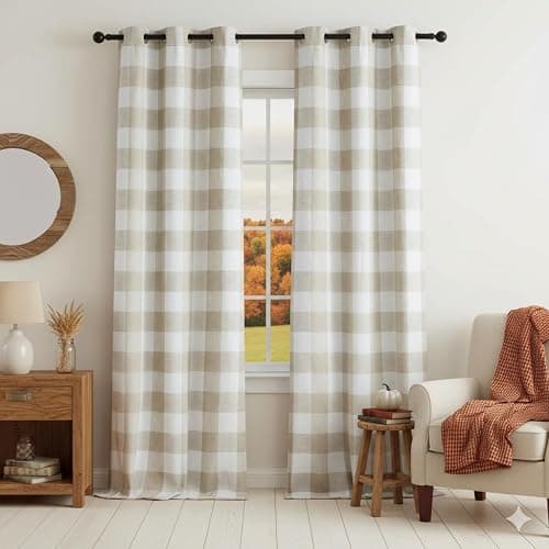 Buffalo Plaid Full Blackout Window Curtains 84 Inches Long Checkered Grommet Panels Farmhouse Geo Energy Efficient Drapes Noise Reducing Thermal Window Treatment Set for Bedroom Tan White,40"x84"x2 - Image 1