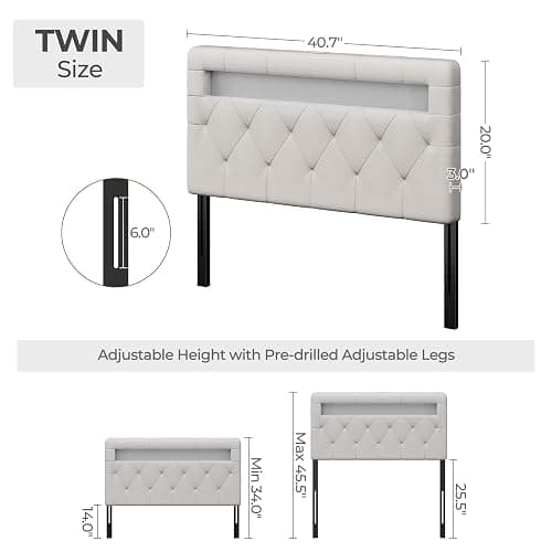 GREENSTELL Headboard for Twin Size Bed with 60,000 DIY Color of LED Light, USB & Type C Post, Attach Frame, Height Adjustable, White Leather Wall Mounted Head Boards Only, Sturdy & Stable, Twin thumbnail 3