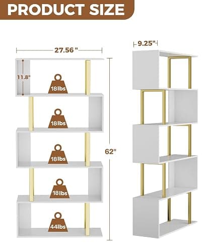 Gadroad 5 Tier Geometric Bookcase,S Shaped Bookshelf, Wood Decorative Storage Shelving, Modern Freestanding Display Shelves, Tall Book Shelf Unit for Living Room Bedroom, Gold thumbnail 3
