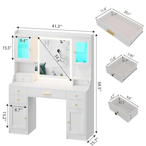 White Makeup Vanity Desk with Mirror and Lights, Large Vanity Table Set with Charging Station, Dressing Table with RGB Cabinets, Makeup Vanity Mirror with Light Desk and Drawers, 3 LED Lights Modes thumbnail 3