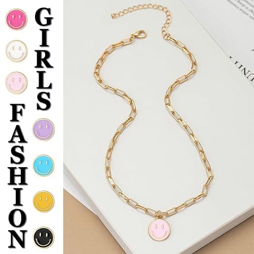 Smile Pendant Necklace Smile Face Chain Necklace Paperclip Necklace Cute Round Pendant Necklace Preppy Jewelry for Women Girls thumbnail 5