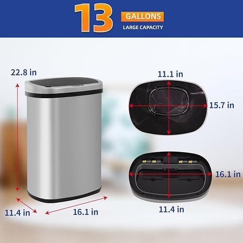 BestOffice | 13 Gallon Trash Can with Lid | Automatic Touchless Garbage Can | Odor Control | Modern Oval Design | Easy to Clean | Stainless Steel | Fits Any Kitchen, Bathroom, Office or Home thumbnail 7