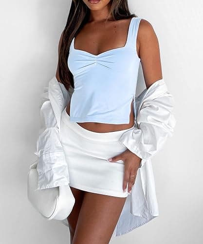 ForeFair Women Sleeveless Backless Crop Tank Top Summer Going Out Outfits Cute Pleated Sweetheart Neck Strappy Y2K Slits Tops thumbnail 4
