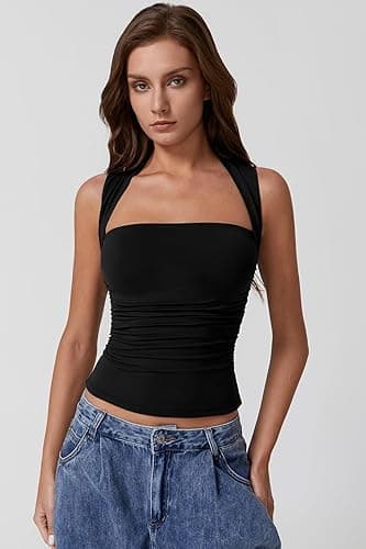 QINSEN Womens Square Neck Tank Tops Side Ruched Double Lined Slim Fit Summer Going Out Crop Top thumbnail 5