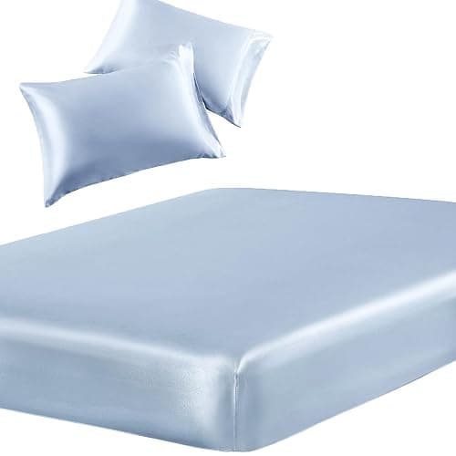 SiinvdaBZX 3-Piece Set Satin Twin XL Fitted Sheet & 2 Pillowcase, Baby Blue Silky Soft Fitted Bottom Sheet Twin Extra Long Bed Sheets, Wrinkle Free, Fade Resistant (Deep Up to 15") - Image 1