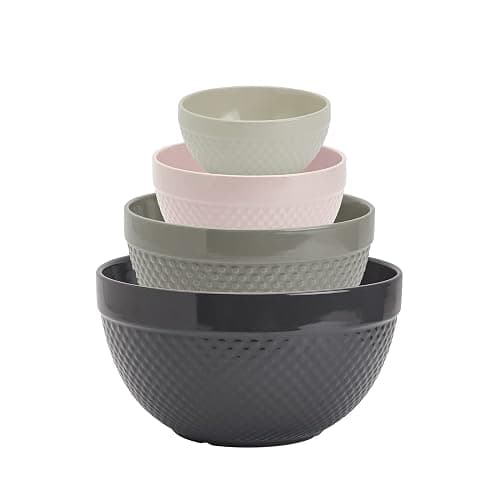 TTU Tabletops Gallery Hobnail Style 4 Piece Timeless Grey Stoneware Nesting Mixing Bowl Set for Baking and Cooking - Image 1