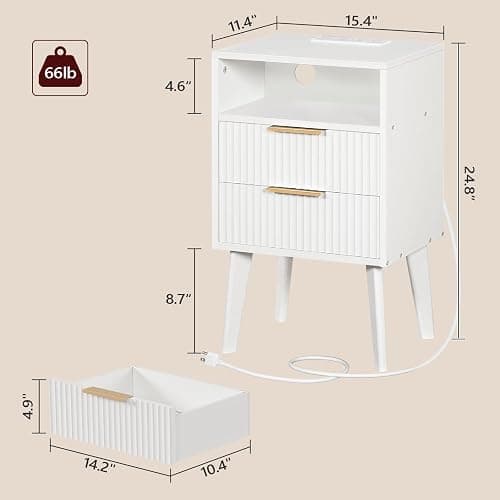 MAHANCRIS End Table, Fluted Nightstand with Charging Station and LED Lights, Modern Side Table with 2 Drawers and 1 Open Compartment, for Living Room, Bedroom, Study, Office, White ETWT63E01 thumbnail 2