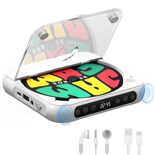 Portable CD Player with Bluetooth, Rechargeable CD Player for Home/Car, Built-in HiFi Speakers, Headphones, LCD Screen, Supports CD/AUX/USB and Repeat Modes, White - Image 1