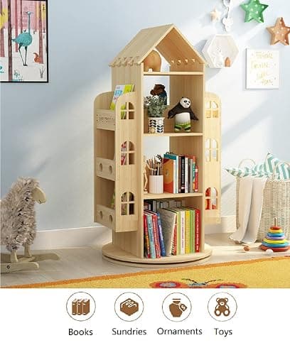 Heehee Rotating Bookshelf 360 Display Floor Standing Bookcase Storage Rack Children's Bookshelf, Wood Book Shelf Organizer Stand for Kids, Storage Book Display Case Bookrack thumbnail 4
