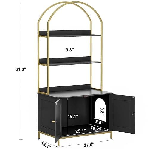 Homhedy Cat Litter Box Enclosure, Litter Box Furniture Hidden with 2-Tier Storage Shelves, Wooden Cat Washroom Furniture with Metal Frame, Modern Style, Black and Gold thumbnail 4