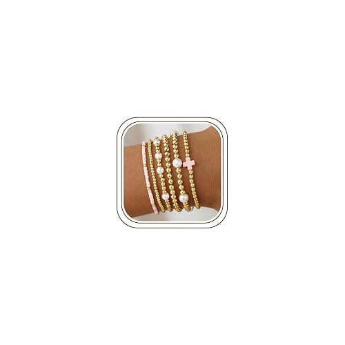 M MOOHAM Boho 14K Gold Plated Bracelets for Women - Elastic Cross Beaded Bracelet Stack Stretch Pearl Bead Bracelet Colorful Christian Jewelry Set Religious Gifts for Women Teen Girls - Image 1