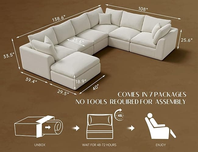 ohllob Oversized Cloud Couches for Living Room, Convertible Sectional Couch with Ottoman, 7 Seater Large Modular Sectional Sofa, Warm White - Warm White - 7 Seater thumbnail 2