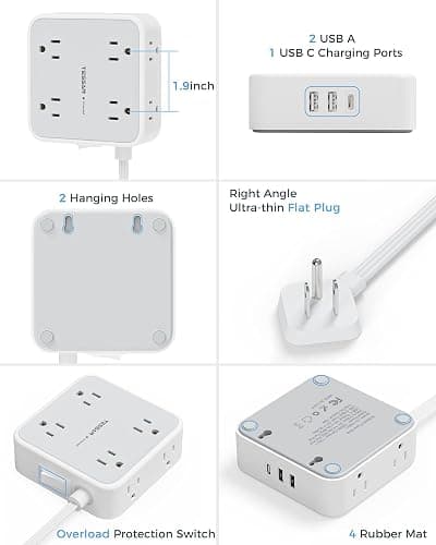 TESSAN Surge Protector Flat Extension Cord Flat Plug Power Strip, 8 AC Outlets, 3 USB Charger(1 USB C Port) 3 Sided Outlet Extender, 5 Ft, 900 Joules Protection, Office Supplies, Dorm Room Essentials thumbnail 7