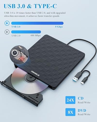 ORIGBELIE External CD DVD Drive for Laptop, USB 3.0 Type-C Ultra Slim 13mm DVD Player Portable CD DVD +/-RW Drive CD Burner Reader Writer Recorder for Desktop PC Windows 11/10/8/7 Linux Mac OS (Black) thumbnail 4