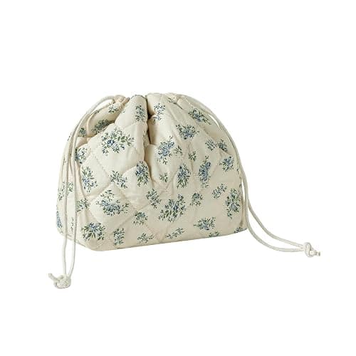 Cotton Quilted Drawstring Makeup Bag with Canvas Lining,Coquette Aesthetic Cute Travel Toiletry Bag,Drawstring Gift Bag for Women and Girls（11Blue Flower） - Image 1