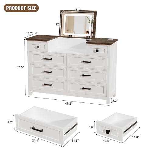 BROTTAR Dresser with Mirror for Bedroom, Chest of Drawers with LED Mirror, 8 Drawer Dresser with Charging Station, White Kids Dressers, Farmhouse Makeup Vanity with Storage for Bedroom thumbnail 2